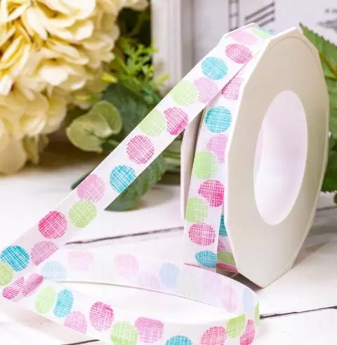 15mm Taffeta white ribbon with multi coloured chalk style polka dots
