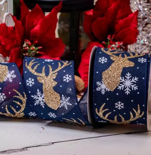 63mm wide navy faux burlap with gold glitter stag head design