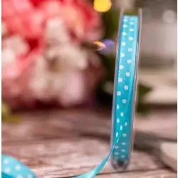 10mm Turquoise Taffeta Ribbon With White Polka Dot Design
