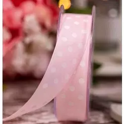 25mm Ligth Pink Taffeta Ribbon With White Polka Dot Design