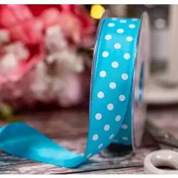 25mm Turquoise Taffeta Ribbon With White Polka Dot Design