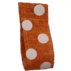 Faux Burlap Ribbon In Orange With White Polka Dot Design - 25mm x 20m