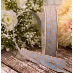 11mm wide linen ribbon with a woven blue heart design