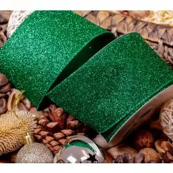 63mm wide green glitter ribbon with wired edges