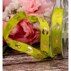 green taffeta ribbon with gold egg and rabbit print
