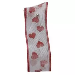 White Sheer Ribbon With Hearts 25mm x 20m
