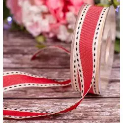 red and ivory 25mm vintage stitched ribbon