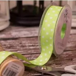25mm spring green taffeta ribbon with white polka dot design