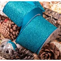 63mm wire edged turquoise glitter ribbon