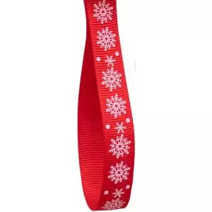 10mm red grosgrain ribbon with a white christmas snowflake print