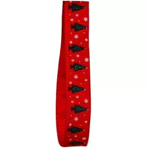 10mm Red Grosgrain Ribbon With Christmas Tree & Snowflake Design