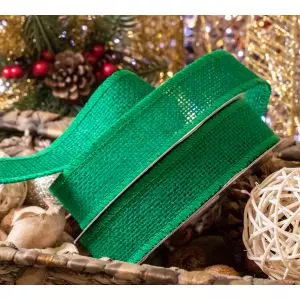 32mm x 10m Christmas green Hessian Ribbon With Wired Edge