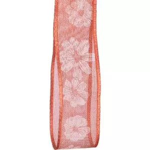25mm Peach Floral Sheer Ribbon with wired edge