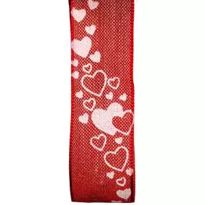 25mm Red Linen Ribbon With White Love Heart Design