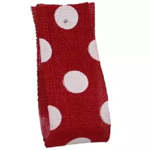Faux Burlap Ribbon In Red With White Polka Dot Design - 25mm x 20m