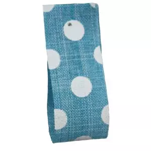 Faux Burlap Ribbon In Turquoise  With White Polka Dot Design - 25mm x 20m