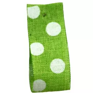Faux Burlap Ribbon In Green With White Polka Dot Design - 25mm x 20m