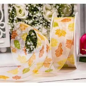 White Autumn Leaf - Wired Sheer Ribbon 40mm x 20m