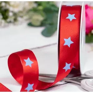 25mm red double satin ribbon with blue star print by Berisfords Ribbons