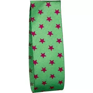 25mm x 20m Cut Edge Cotton Star Print Ribbon In Green