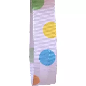 15mm Easter Ribbon In White With Multi Coloured Spots