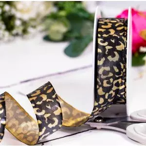 25mm x 20m Metallic gold lame ribbon with gold and black animal print by Berisfords Ribbons