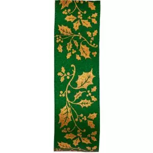 Green Satin Ribbon With Gold Holly Print
