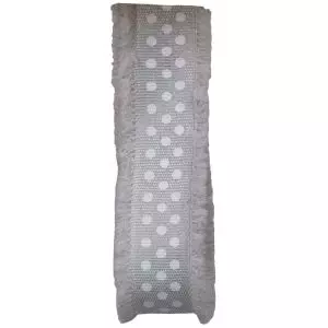 light grey frayed edged ribbon with white dots print