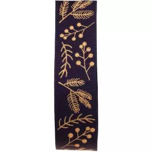 Berry and twig design in gold on this navy blue ribbon