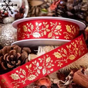 Exclusive 25mm red and gold holly print Christmas ribbon