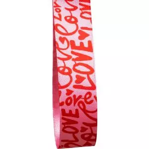 25mm pink satin ribbon with red love print