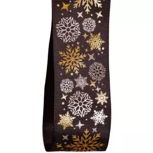 40mm Black taffeta ribbon with silver and gold snowflake design
