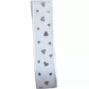 15mm white taffeta ribbon with silver heart design