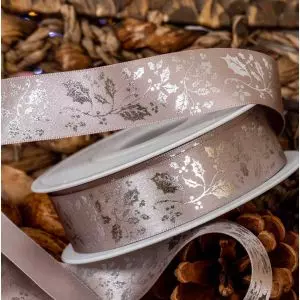 25mm Exclusive Silver Holly Design On Silver Satin Ribbon