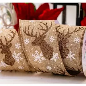 63mm wide wired edged burlap style ribbon featuring a glitter stag head design
