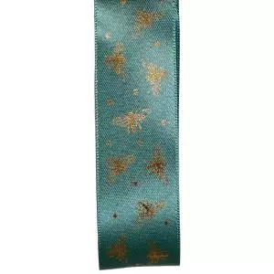 25mm Turquoise Blue Ribbon With Gold Bee Design