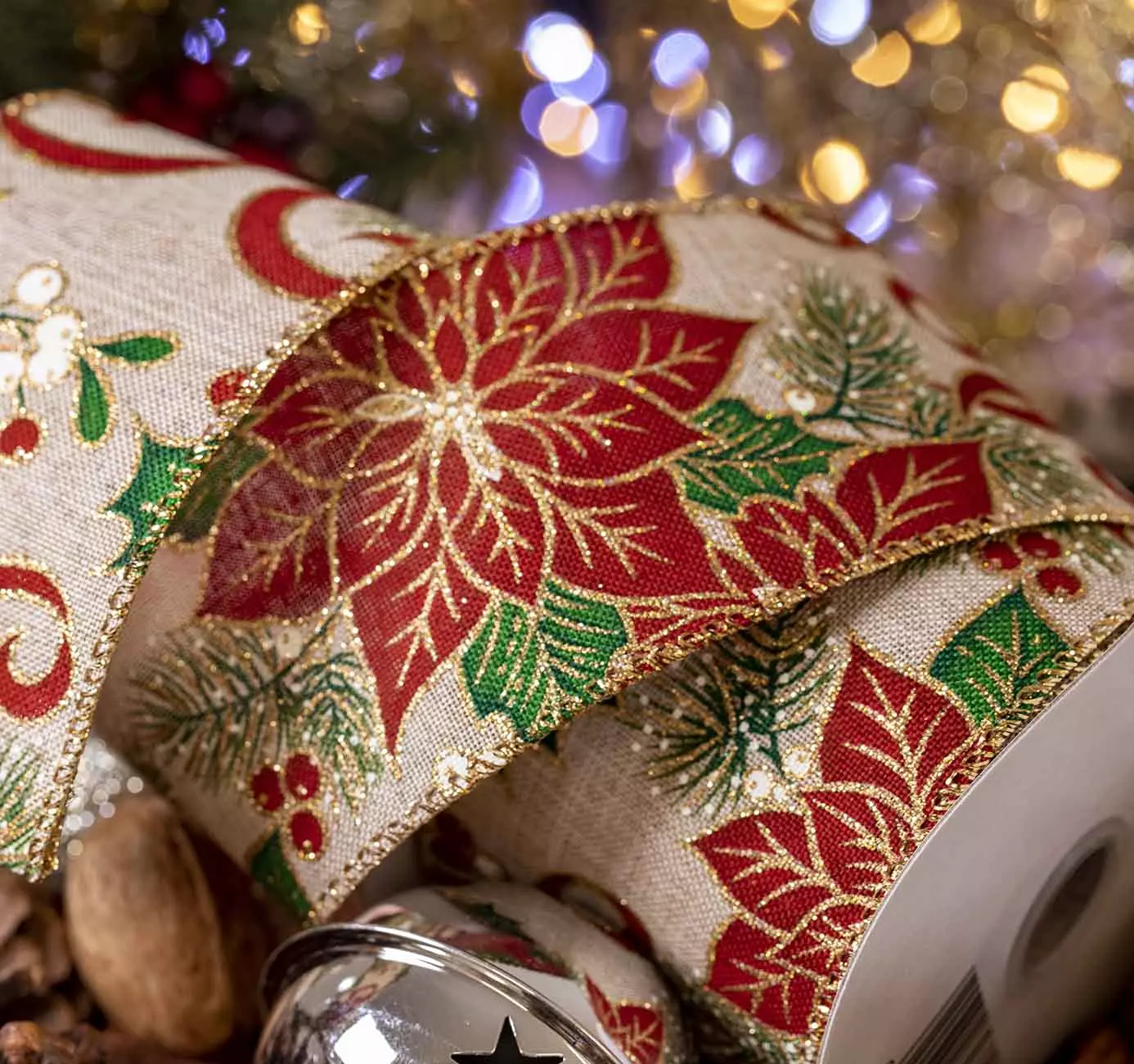 Christmas Ribbon With Poinsettia Design