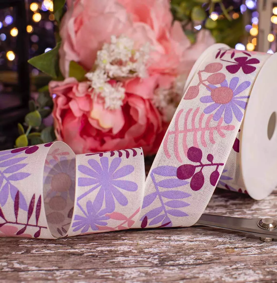 40mm Wide Ribbon With Leaf Print In Lilac