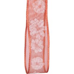 25mm Peach Floral Sheer Ribbon with wired edge
