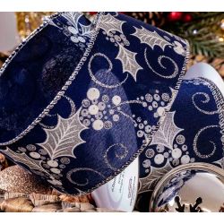Navy & Silver Holly Berries Christmas Ribbon In 63mm With Wired Edges