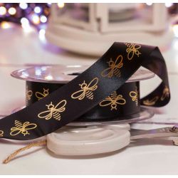 25mm Black satin ribbon with gold bee design