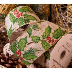 63mm Wide Christmas Holly Ribbon