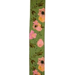 Petal Satin Ribbon in Green with a Pink Floral Design 25mm