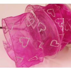 50mm Wired Fushia Sheer Ribbon With Silver Glitter Hearts