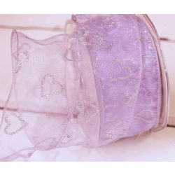 50mm Wired Lilac Sheer Ribbon With Silver Glitter Hearts