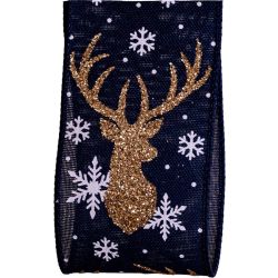Stag gold glitter design on wired blue burlap style ribbon