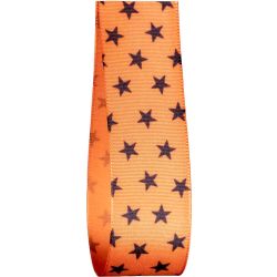 Black star print on orange taffeta ribbon 25mm