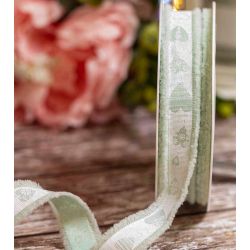 18mm frayed edged ribbon in mint green with heart print