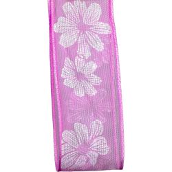 Pink Floral Sheer Ribbon With Wired Edge