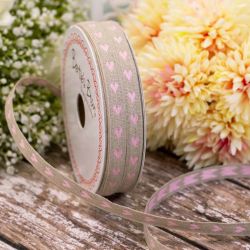 11mm wide linen ribbon with Pale Pink Woven Heart Design